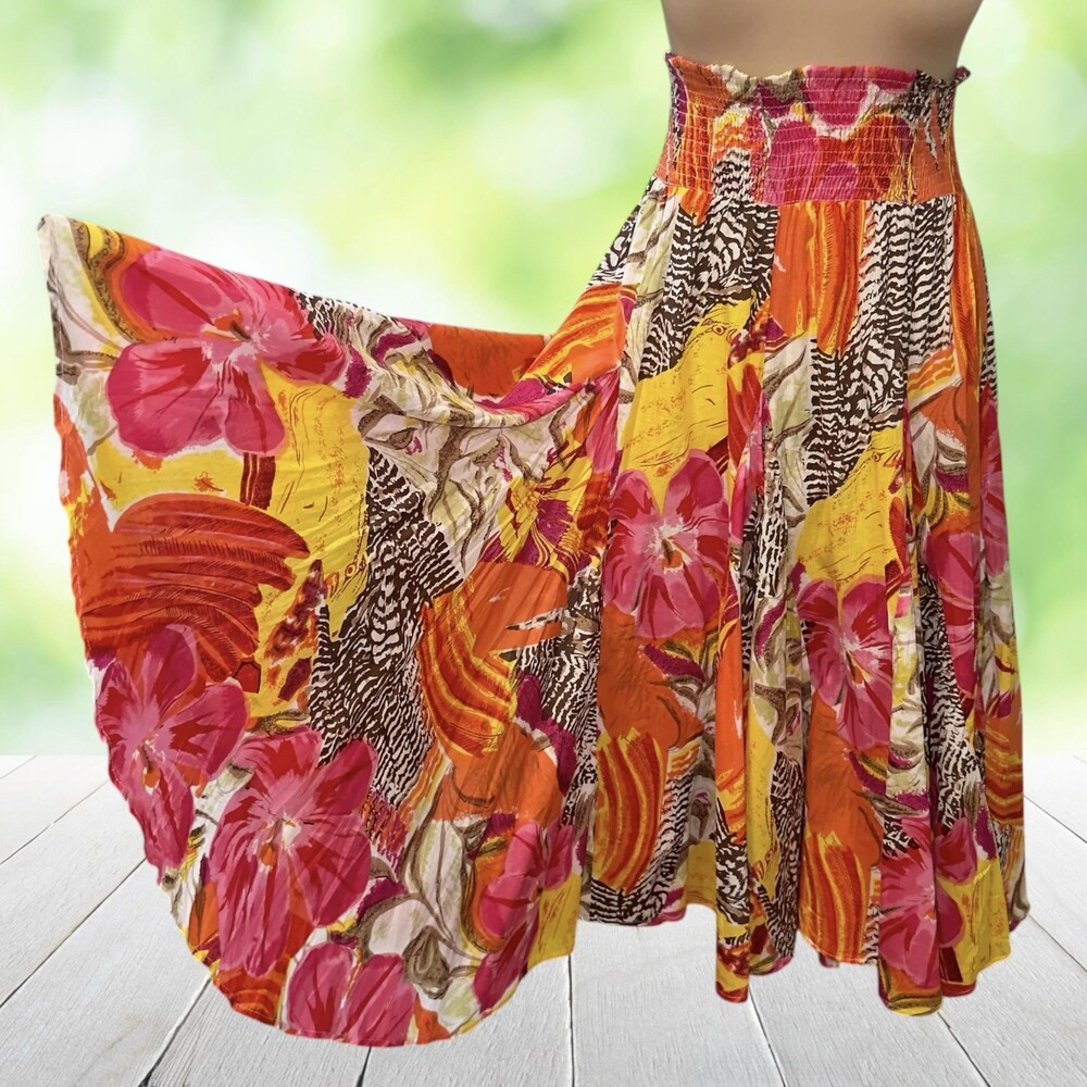 Vintage Y2K GRACE ELEMENTS Midi Skirt Godet Tropical Boho Smocked Waist Size L